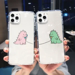 Funny Cute Pink Green Dinosaur Couple Phone Case For iPhone 11 13 12 14Pro max XR SE20 8 7Plus Animal Clear Soft TPU Cover Shell