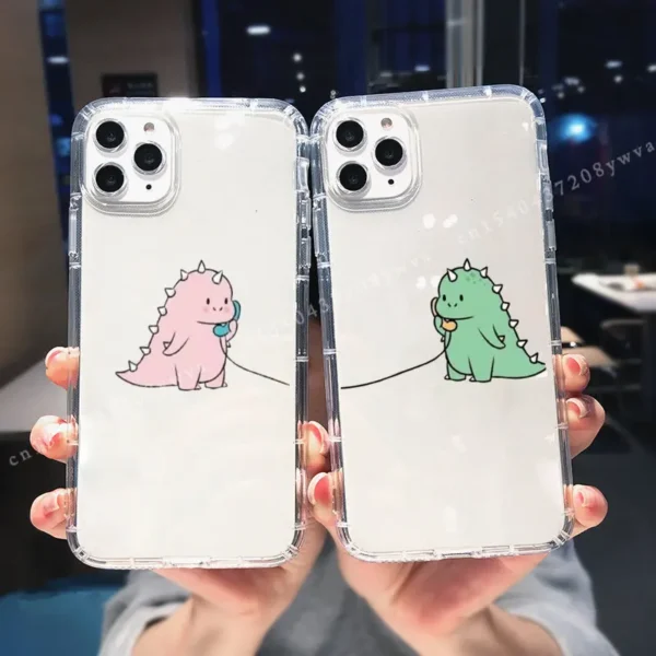 Funny Cute Pink Green Dinosaur Couple Phone Case For iPhone 11 13 12 14Pro max XR SE20 8 7Plus Animal Clear Soft TPU Cover Shell